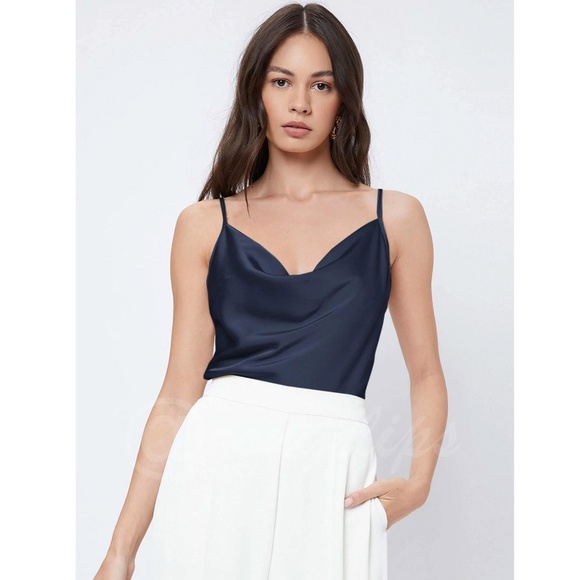 Navy Blue Glamorous Cowl Neck Spaghetti Straps Camisole Top Cami, Draped - Picture 6 of 9